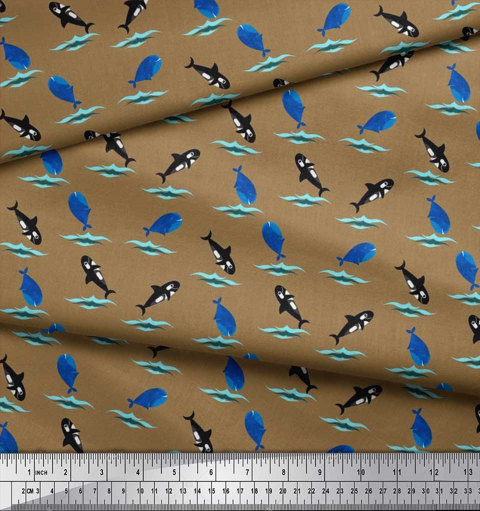 Soimoi Japan Crepe Satin Fabric Waves,Whale & Dolphin Ocean Decor Fabric Printed metre 42 Inch