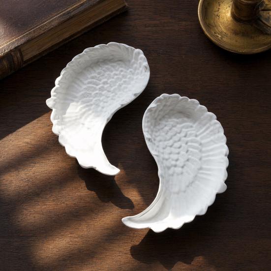 White Feather Jewelry Tray, Plaster Feather Trinket Dish, Decorative Wing Jewelry Dish for Earrings Necklaces Bracelets Dressing Table Decor