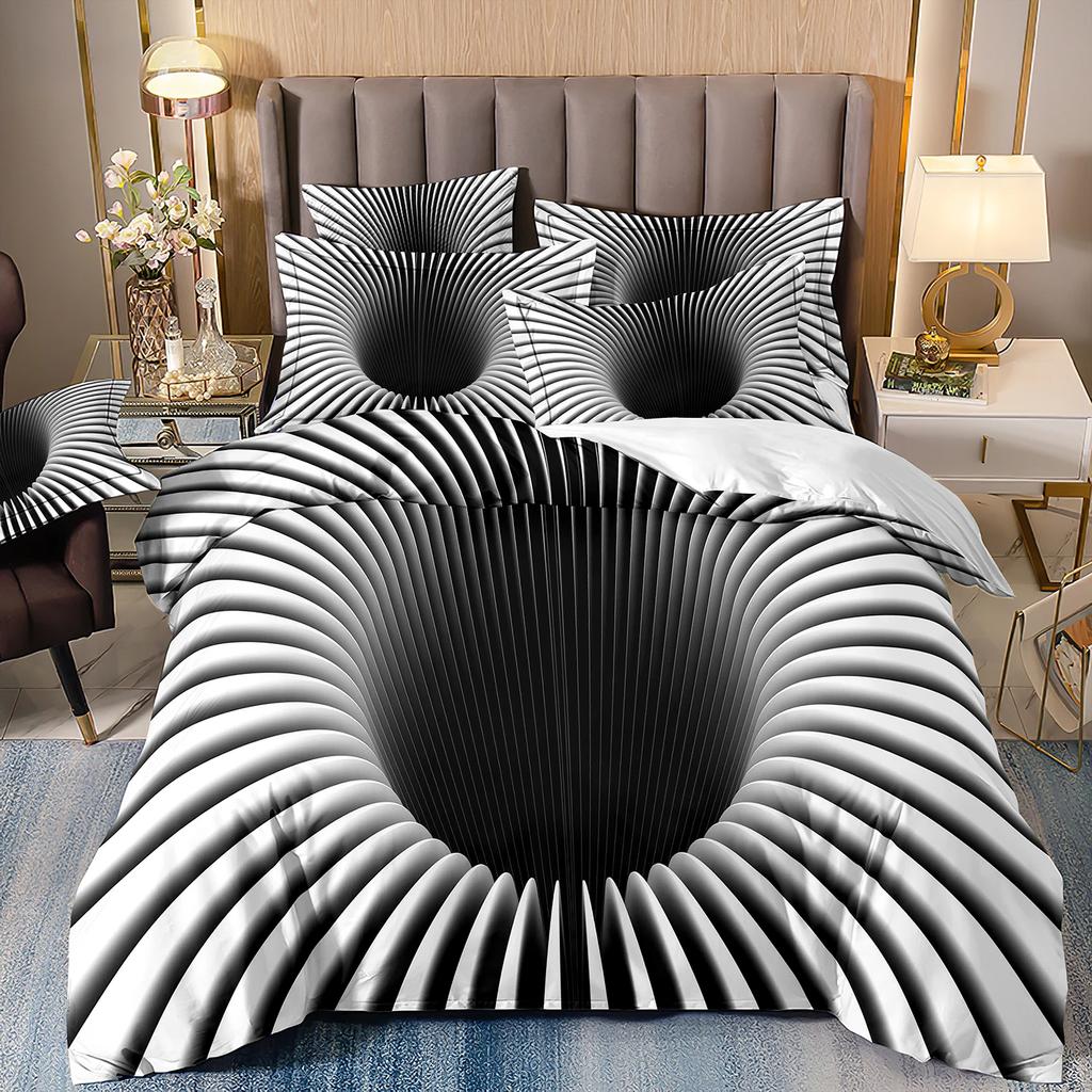 Microfiber Bedding Set For Double Bed Abstract Style Print Honeycomb Quilt Cover Duvet Cover Pillowcover Black And White