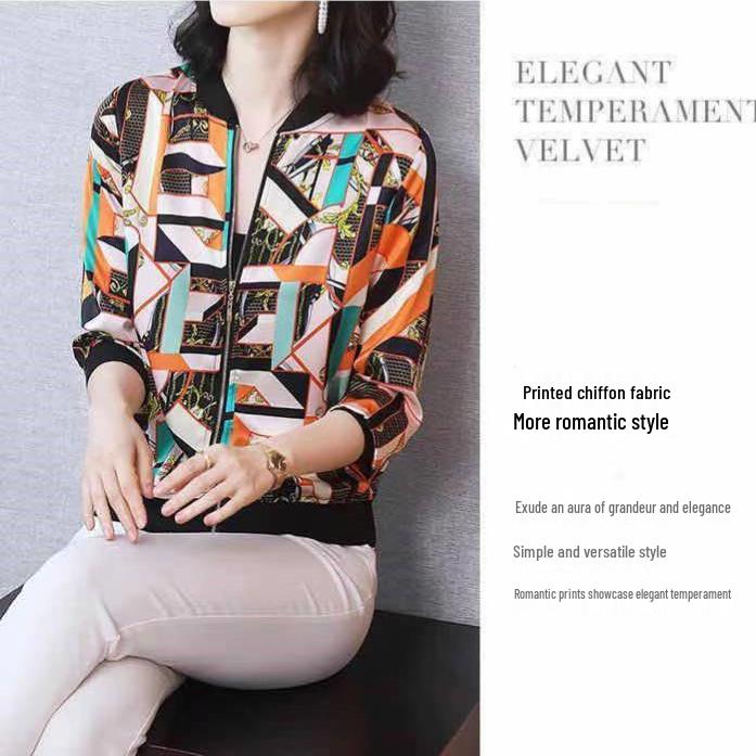 Korean Style Chiffon Printed Summer Baseball Cardigan for Middle-aged and Elderly Women - Elegant Sun Protection Short Coat