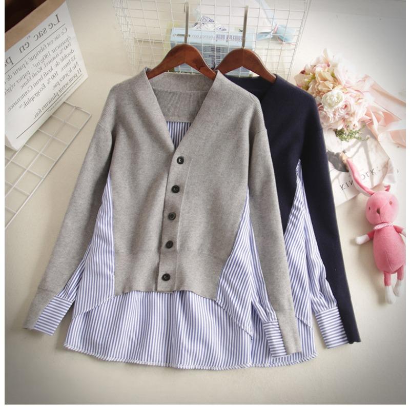 Women's V-neck Long-sleeved Irregular Sweater Spring and Autumn Loose and Thin Knitwear Casual Temperament Design Sense of Shirt