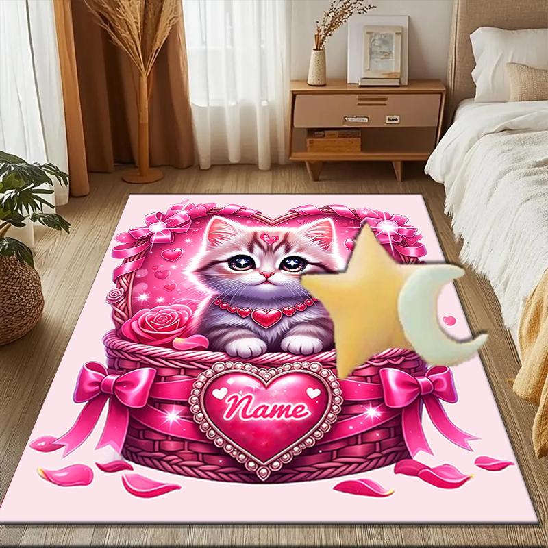 1PC Custom Name Pink Heart Basket Kitten Theme Floor Mat Ideal for Living Room, Game Rooms, Office, Bedroom,Floor Mat Playful Design
