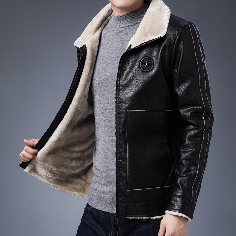 Fleece Collar Leather Jacket for Men with Fur Integrated Plus Velvet and Thickened New Style Winter Men's Sherpa Jacket for Trendy Men