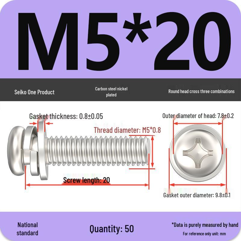 Nickel-Plated Phillips Pan Head Screw with Washer, M2-M6 Thread