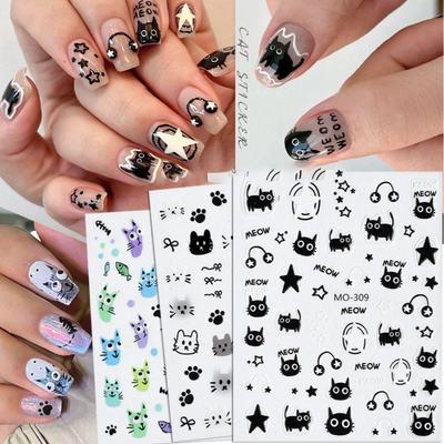 Adesivos de unha de gato preto kawaii, desenho animado, fofo, gato, estrelas, letras, deslizantes de unha, Y2K, coreano, japonês, arte de unha, decoração de manicure
