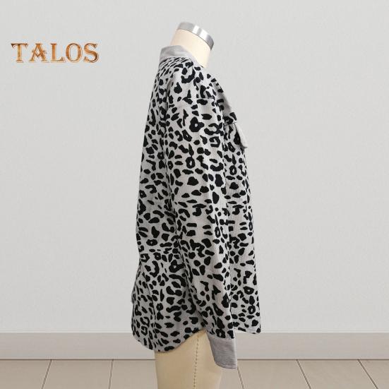 Women Spring Fall Coat Fake Chest Pocket Turn-down Collar Single-breasted Leopard Print Long Sleeves Mid Length Daily Wear Jacket