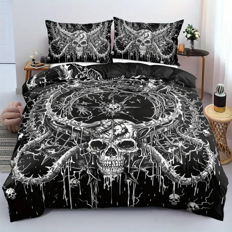 Black Damask Comforter Cover Set Exotic Sugar Skull Duvet Covers Gothic Vintage Floral Skeleton Bedding Set Bohemian Quilt Cover