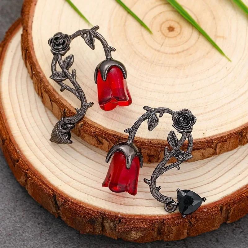 New Punk Gothic Dark Exquisite Thorn Vine Red Rose Blossom Earrings For Women Fashion Jewelry Holiday Party Accessories Gifts