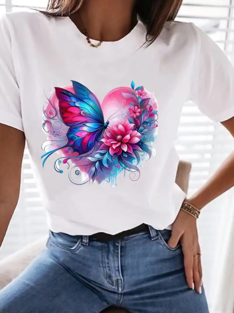 (Asian Size) Tee Top Butterfly Sweet 90s Trend Women Clothing T Shirt Woman Print Fashion  Female Short Sleeve Graphic T-shirts
