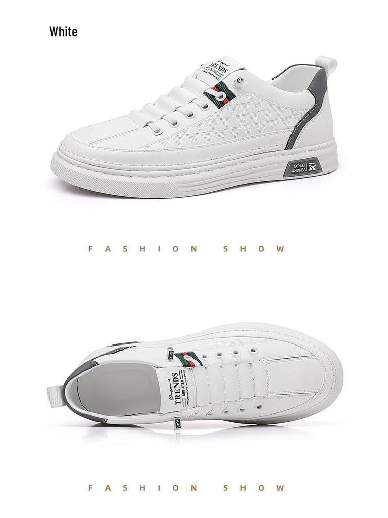 Men's 2024 Autumn Trend: Super Soft Genuine Leather White Skate Shoes - Breathable, Versatile, Casual Sports Style.