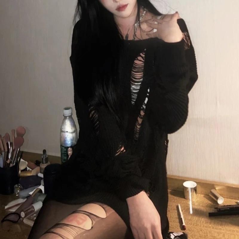 Black Hole Hollow Sweater Irregular Design Long Pullover Loose Casual Women's Punk Top American Spicy Girl Streetwear
