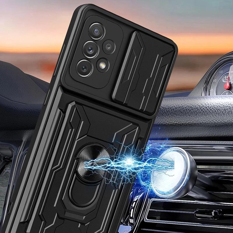 Slide Camera Lens Card Holder Case For Samsung Galaxy S22 Ultra S21 Plus A53 A73 A33 A13 A32 A12 A51 M32 4G 5G Military Grade Detachable Armor Cover