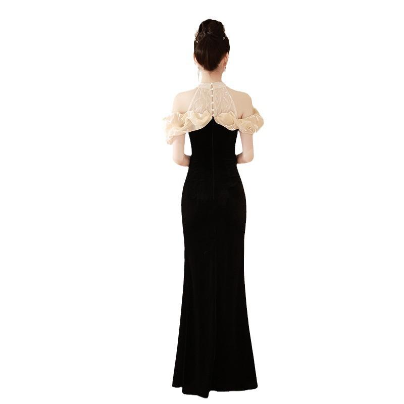 Banquet Temperament Evening Dress Dress Socialite Black Fishtail Skirt French High-end Light Luxury One-word Shoulder Host Dress