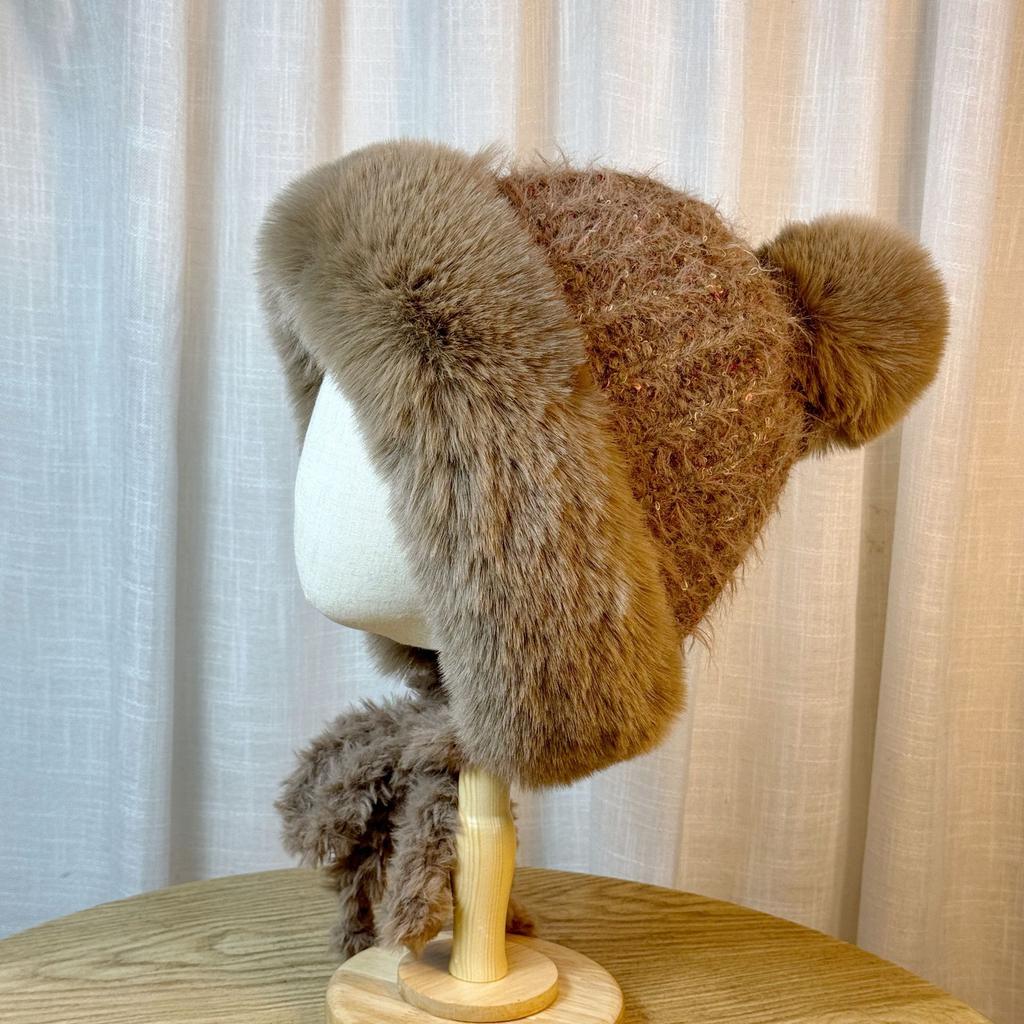 Winter Plush Brown Knitted Lei Feng Hat for Women Double Sided Velvet Warm Ear Protection Hat Versatile and Sweet Pullover