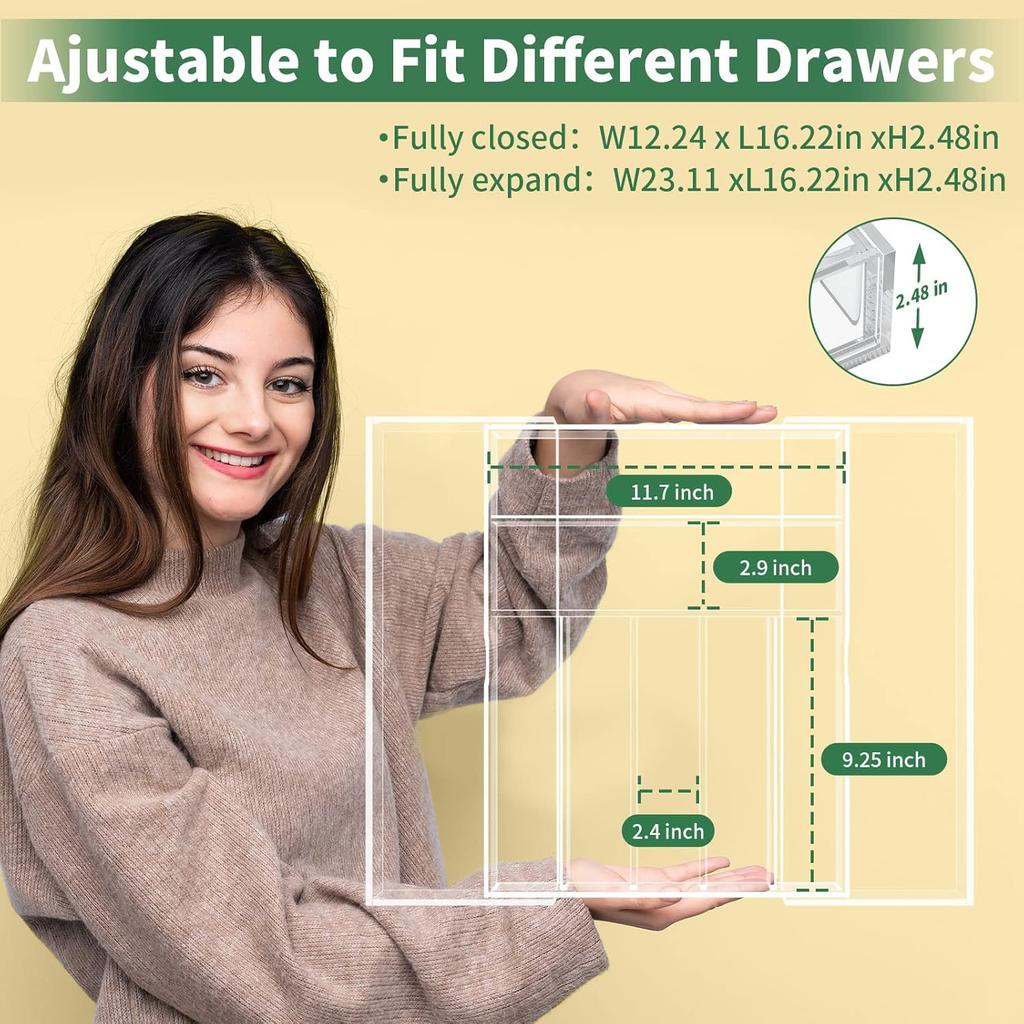 NIUBEE Expandable Kitchen Drawer Organizer for Flatware and Utensils,Clear Acrylic Adjustable Silverware Tray for Drawer,Office,Bathroom Supplies-9