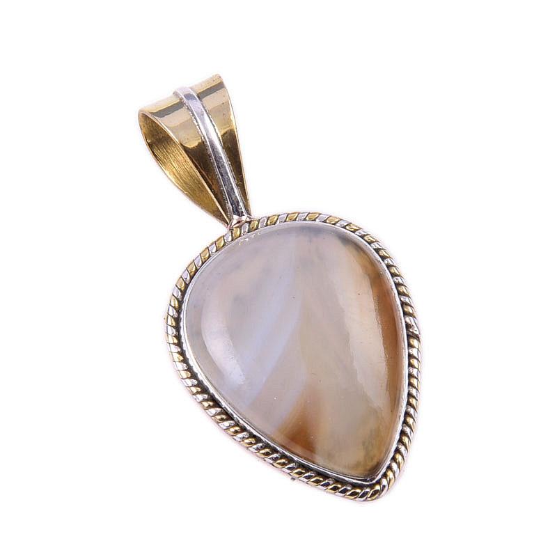 Natural Botswana Agate Gemstone 925 Solid Silver Two Tone Pendant 1.25'' T0h44