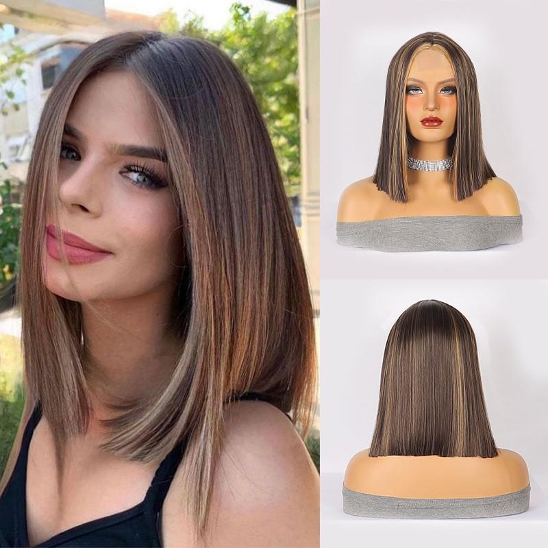 Brown Highlight Short Straight Lace Front Wig Women Synthetic Heat Resistant Glueless