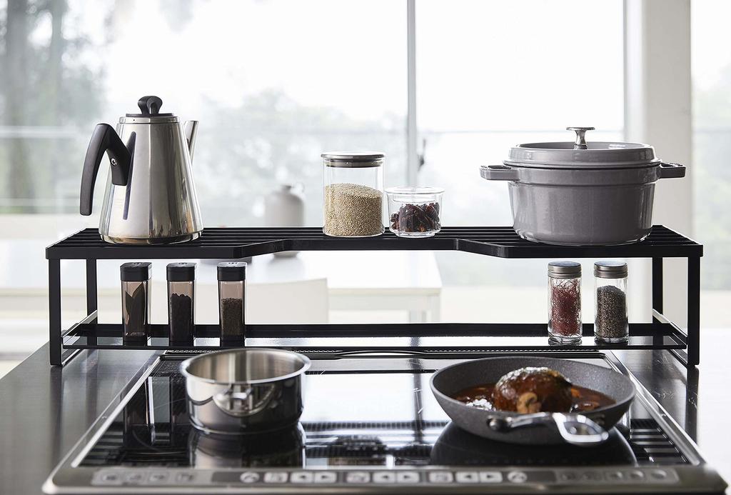 Yamazaki Stove Back Rack with Exhaust Outlet Cover for 60cm Stove Black W70XD18XH15cm Tower Sliding Type Exhaust Cover with Shelf 5269 Approx.