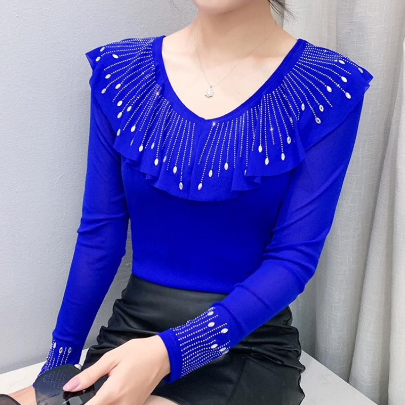 Spring Autumn Women's Ruffles Hotfix Rhinestone T-Shirt Elegant Full Sleeve Tees Slim Ladies Tops