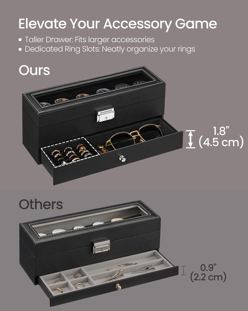SONGMICS Watch Holds 6 PU Watch Collection Case with Large Glass Lid Removable Metal Accessory Perfect Day Gift for Men and JWB060B02 Case, Watches,