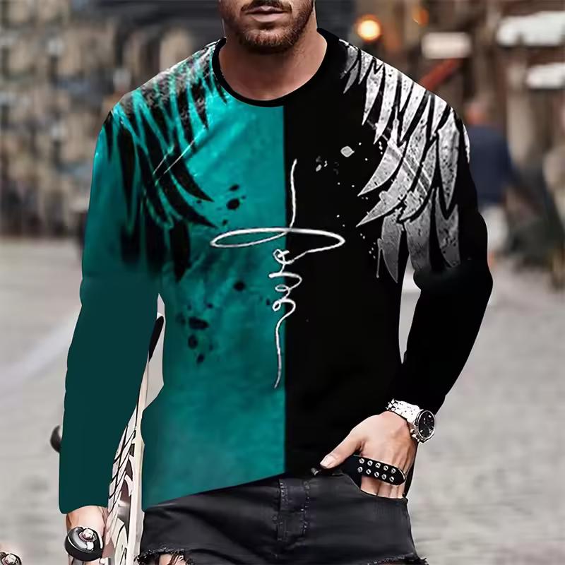 Cross Wings Pattern T-Shirt For Men Jesus Christ 3D Printed T Shirts Autumn Casual Long Sleeves Oversized Round Neck Tops Tees