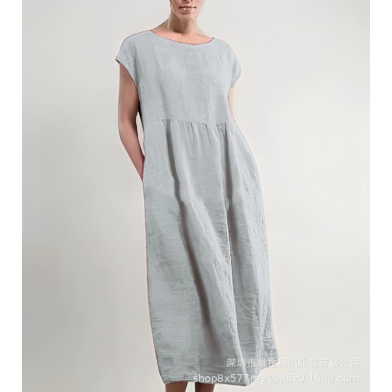 Summer Round Neck Solid Color Short-sleeved Dress Loose Cotton and Linen Pocket Women's Dress