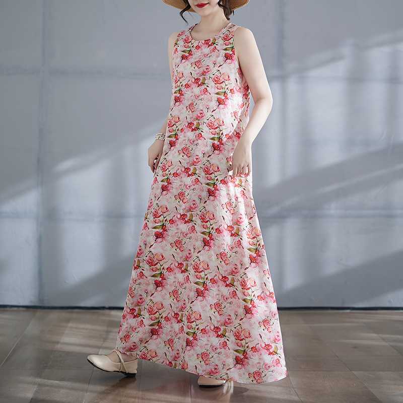 New Long Skirt Summer Sleeveless Round Neck Printed Dress