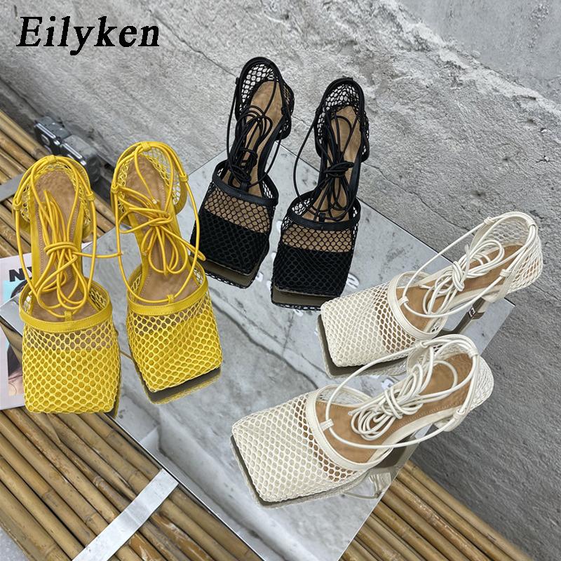 Fashion Eilyken Sexy Mesh Pumps Sandals Female Square Toe High Heel Lace Up Cross-tied Stiletto Hollow Dress Shoes Size 35-42