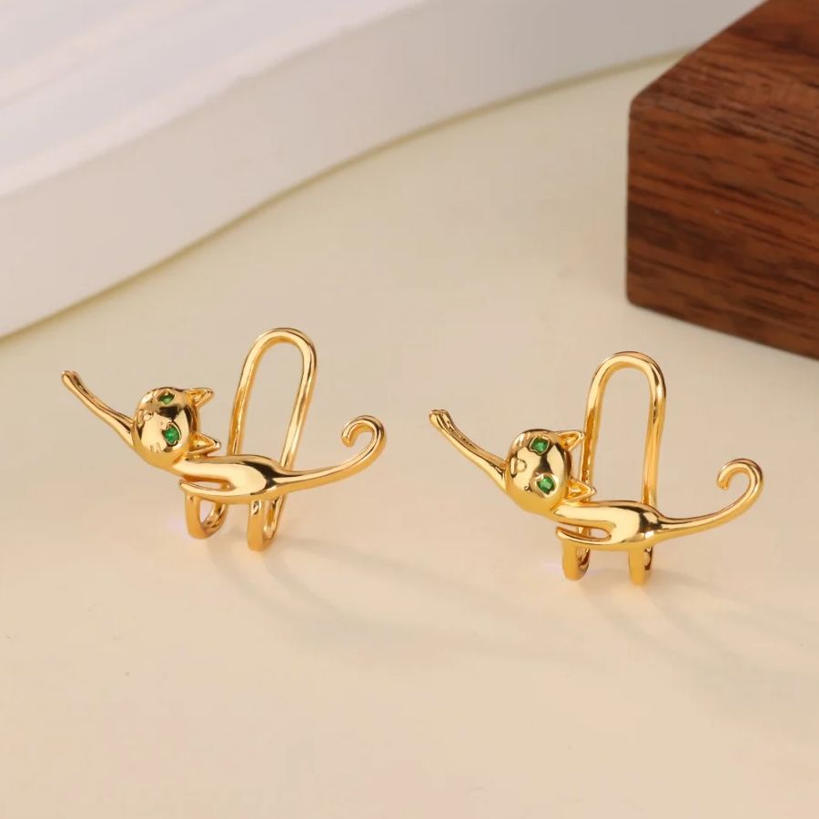 Star Zircon & Cat Kitten Stainless Steel Ear Clip Women Mama 18K Gold-plated Anti Rust Earring Wedding Jewelry accessories Gift