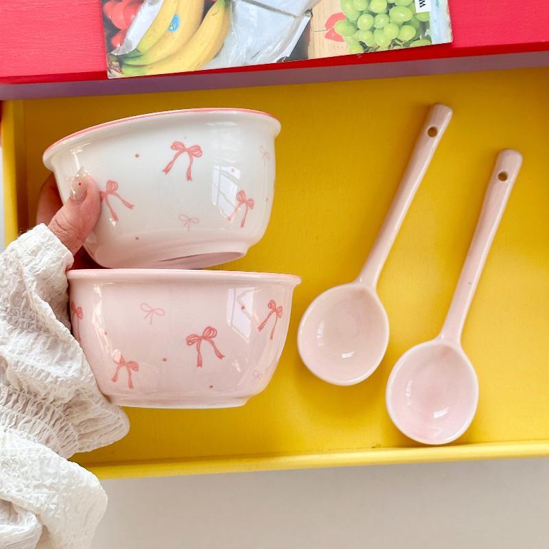 Set de 2 boluri ceramice cu 2 linguri Bol Drăguț Cadou Boluri ceramice Cadouri de ziua de naștere Desert Utilizare zilnică