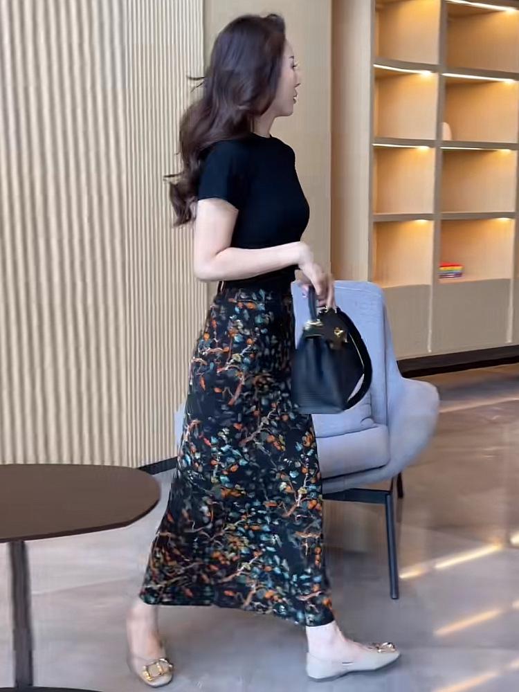 Fustă Midi Florală Retro pentru Femei: Calitate înaltă, Lux ușor, Talie înaltă subțiatoare, Design bodycon de vară cu șliț.