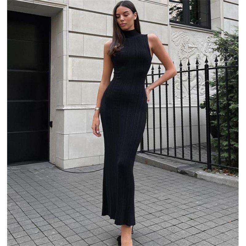 

Fashion Sexy Turtleneck Sleeveless Slim Fit Hip Dress Long Dress Sexy Bodycon Maxi Dress Black S