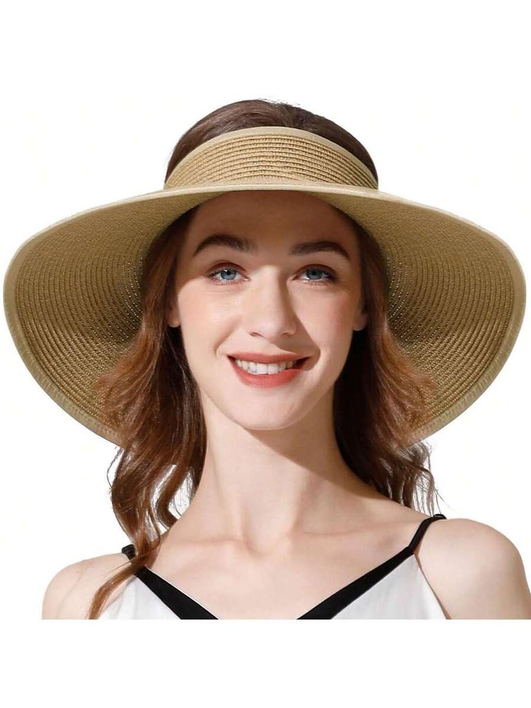 Women Wide Brim Roll Up Sun Visor Hat UV Protection Packable Ponytail Beach Straw Hat