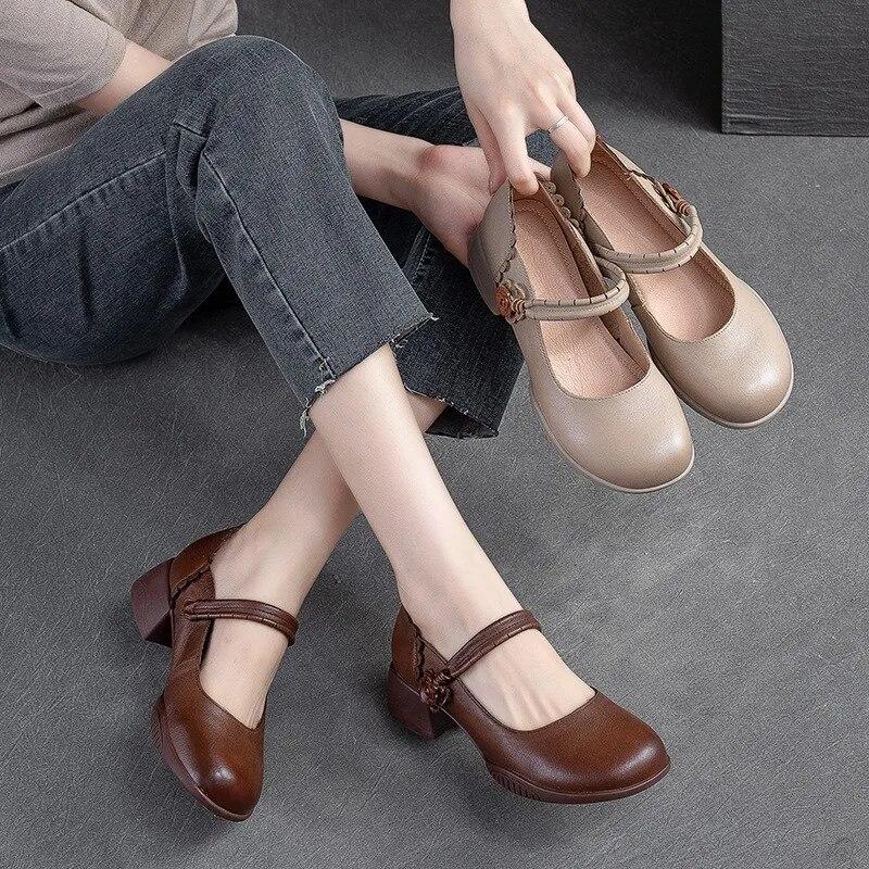 

Johnature туфли-лодочки в стиле ретро с круглым носком, удобные универсальные женские туфли из натуральной кожи с цветочным принтом на высоком каблуке