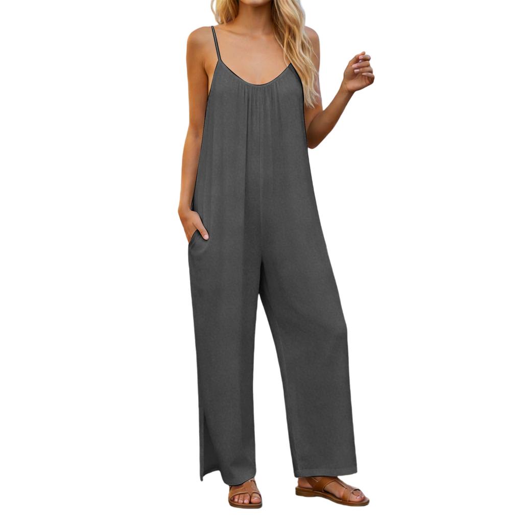 Women's  V-neck Waist Cinched Fashionable Jumpsuit Wide Leg Pants