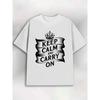 European Size Men's White Casual Printed T-shirt Featuring the Phrase "Keep Calm and Carry On," Suitable for Spring and Summer Wear.