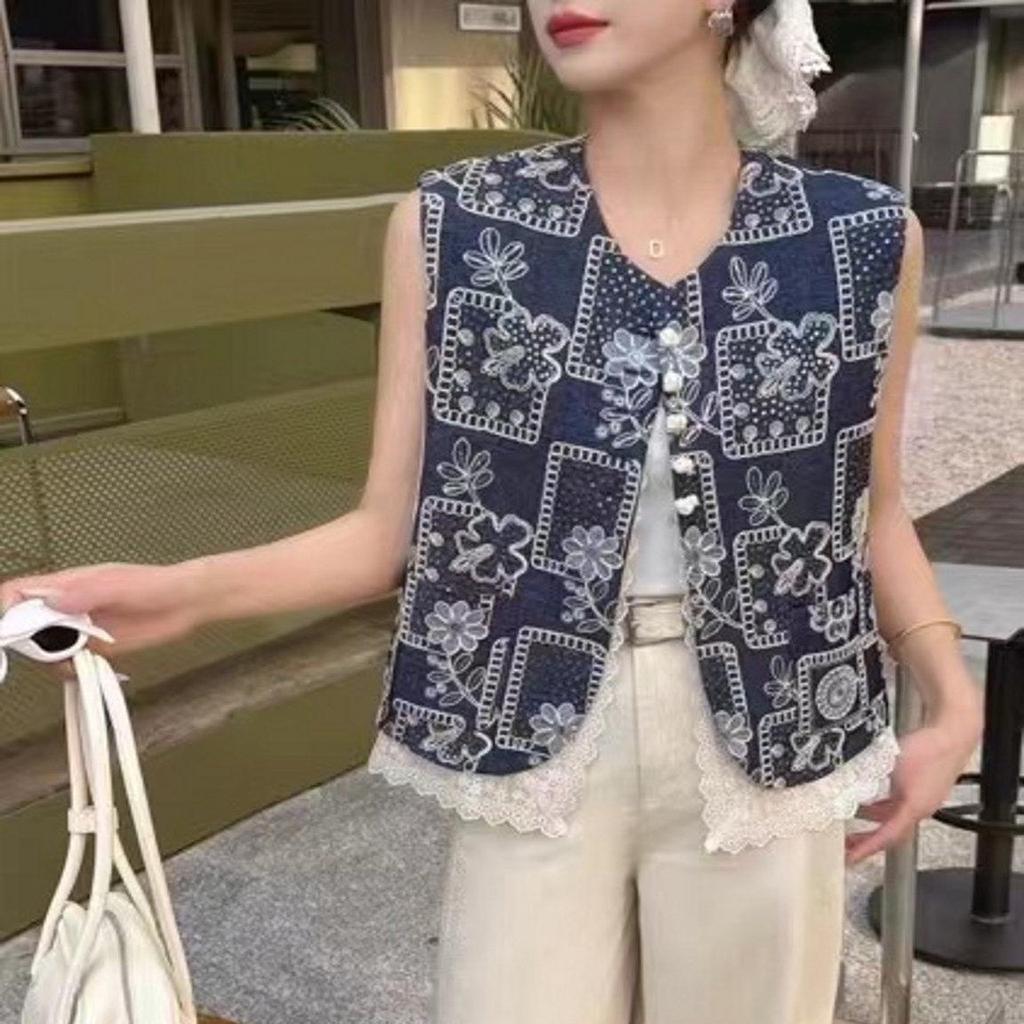 Women's 2025 Chinese Lace Embroidery Denim Blue Tank Top