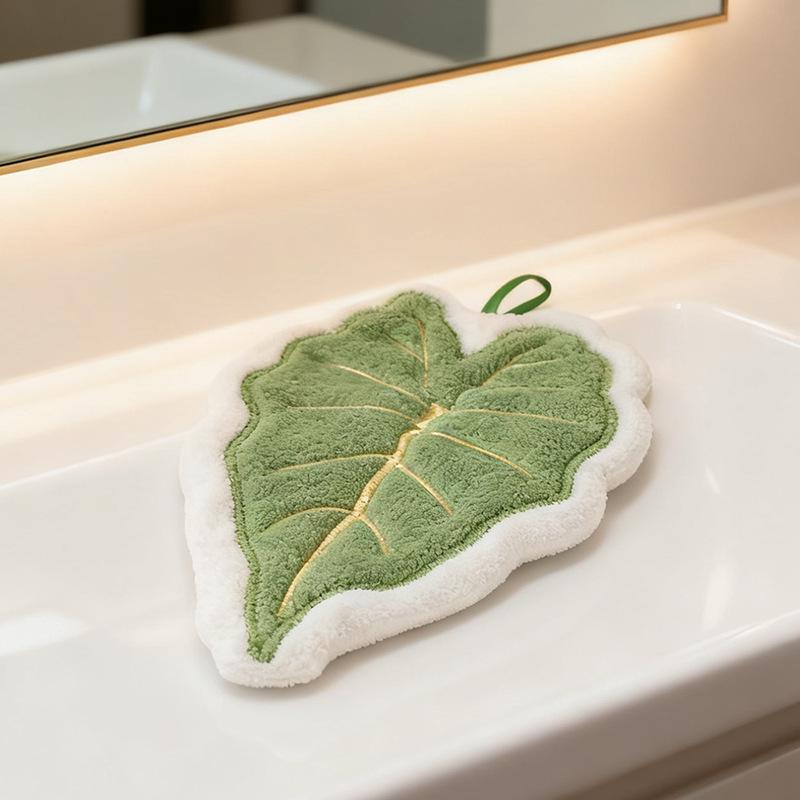 Leaf-Shaped Coral Fleece Hanging Hand Towel for Kitchen & Bathroom Cleaning