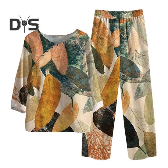 2 Adet/takım Kadın Üst Pantolon Seti Retro Yaprak Baskı Geniş Bacak Elastik Bel Yarım Kollu Yuvarlak Boyun Gevşek Artı Boyutu Orta Yaşlı Kadın Anne Rahat T-shirt