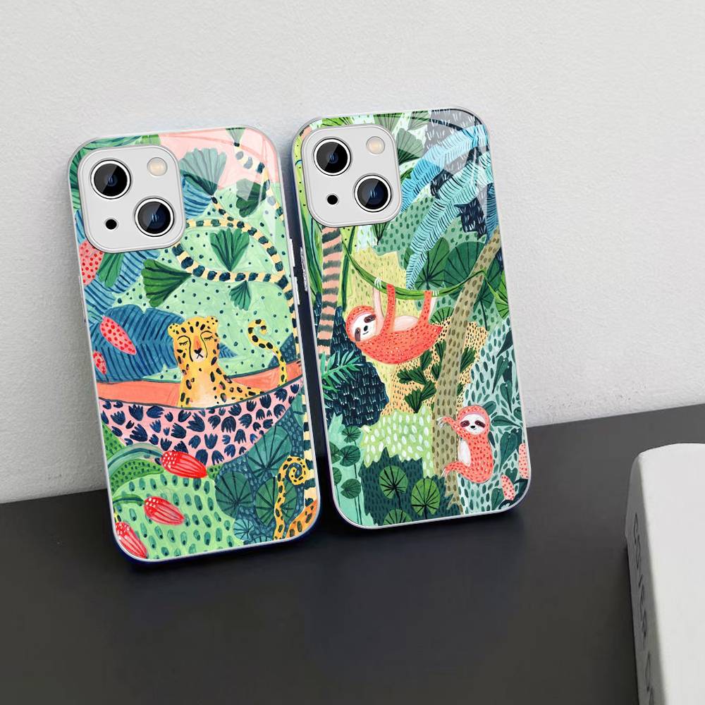 Jungle Art Illustration Snake Cats Sloth Tempered Glass For Iphone 14 13 12 11 Pro Mini XS MAX 14Plus X XS XR Fundas
