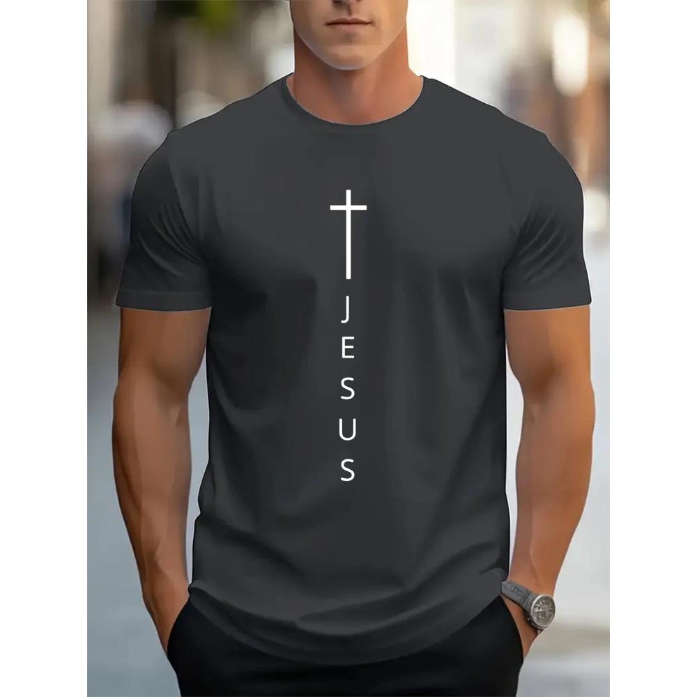 Camiseta Esportiva Masculina de Verão 100% Algodão Moda Casual Solta Estampa Grande de Cruz e Letras de Jesus Gola Redonda Manga Curta