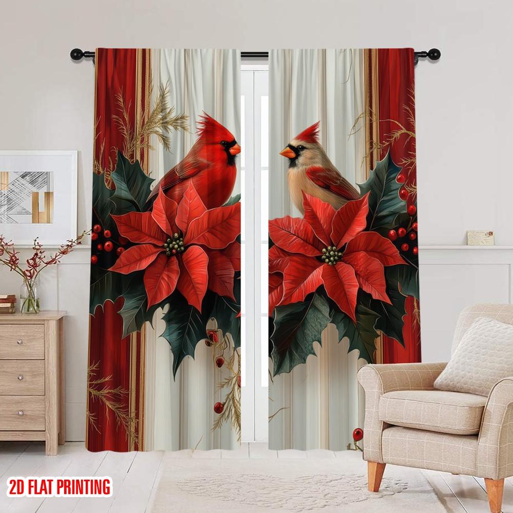 Set Of 2 Flat Printing Scene Curtain Flowers Red Pattern Light Filter Holiday Decorations Use Various Room Decor Aesthetic Polyester