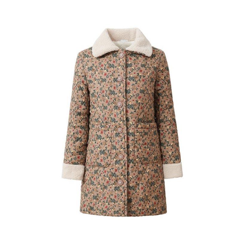 

Зимнее новое бархатное длинное утолщенное теплое хлопковое пальто средней длины женская цветочная хлопковая куртка хлопковая куртка 5XL [Recommended 150-80 kg]