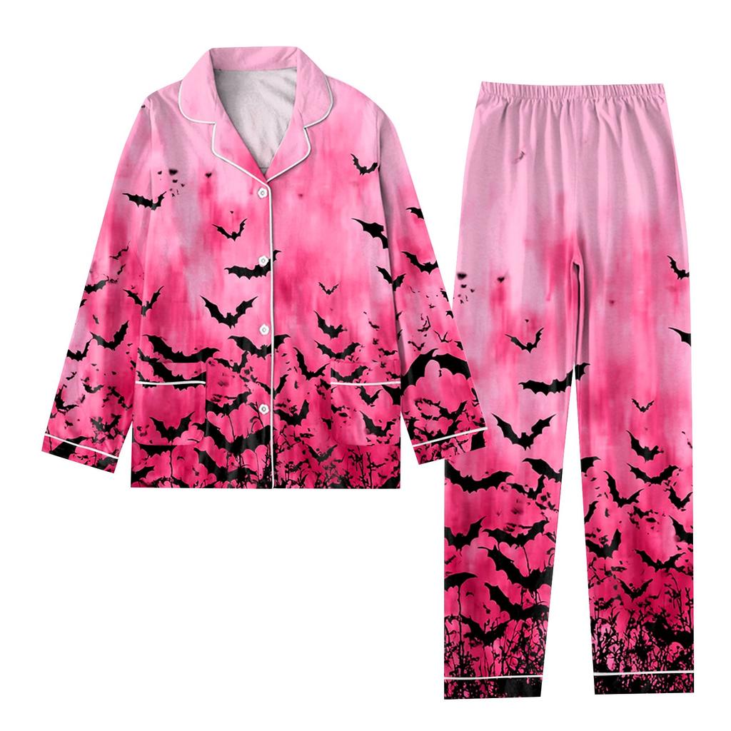 2-teiliger bedruckter Damen-Anzug, langärmelig, Oberteil mit Knopfleiste, weite Hosen, Anzug-Set, Schlafanzug, Home-Casual-Anzug