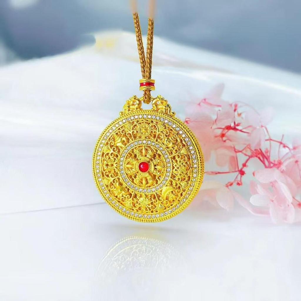 Diamond-Studded Eight Treasures Compass Unisex Pendant Necklace, Sweater Chain, Imitation Vietnamese Sand Gold Design