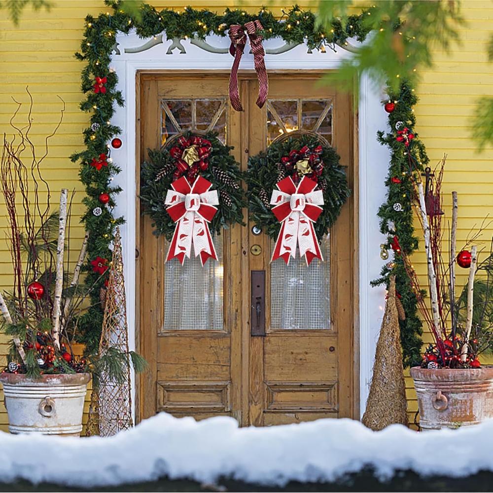 2 PCS Christmas Bows for Wreath Xmas Santa Shining White Red Burlap Bows Santa Claus Craft Bow Winter Tree Topper for Decoration