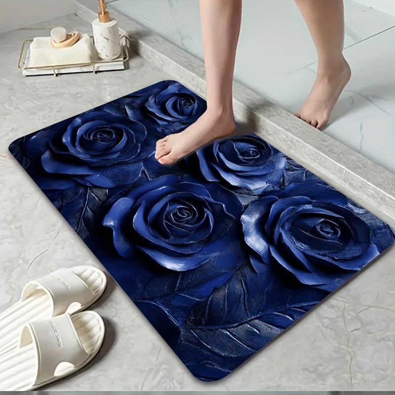 Luxurious Blue Rose Bath Mat, Soft Bathroom Floor Rug, Non-Slip Absorbent Home Decor Mat
