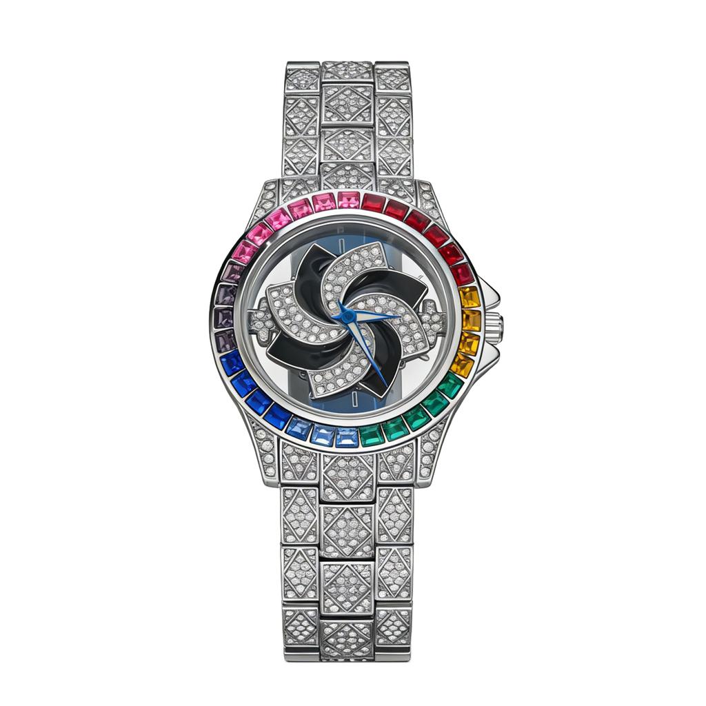 Orologio al Quarzo di Lusso con Quadrante Rotante Acciaio Inossidabile Cinturino Pavimentato con Cristalli Lucidi Elegante Orologio da Polso per Feste e Uso Quotidiano
