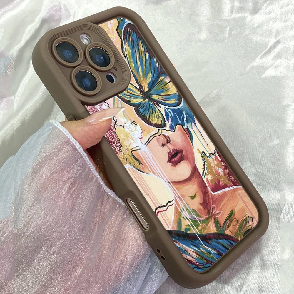 JT583 Woman Face Butterfly Original Oil Painting for iPhone 17 16 15 Pro Max Samsung S26 S25 Ultra A17 A07 A56 A16 Xiaomi 15T Redmi 15c 14C Soft Case