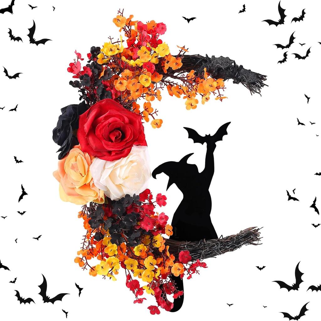 1PC Halloween Wreath, Plastic Crescent Moon Cat Design with Rose Accents, Festive Front Door Window Wall Decor, for Christmas